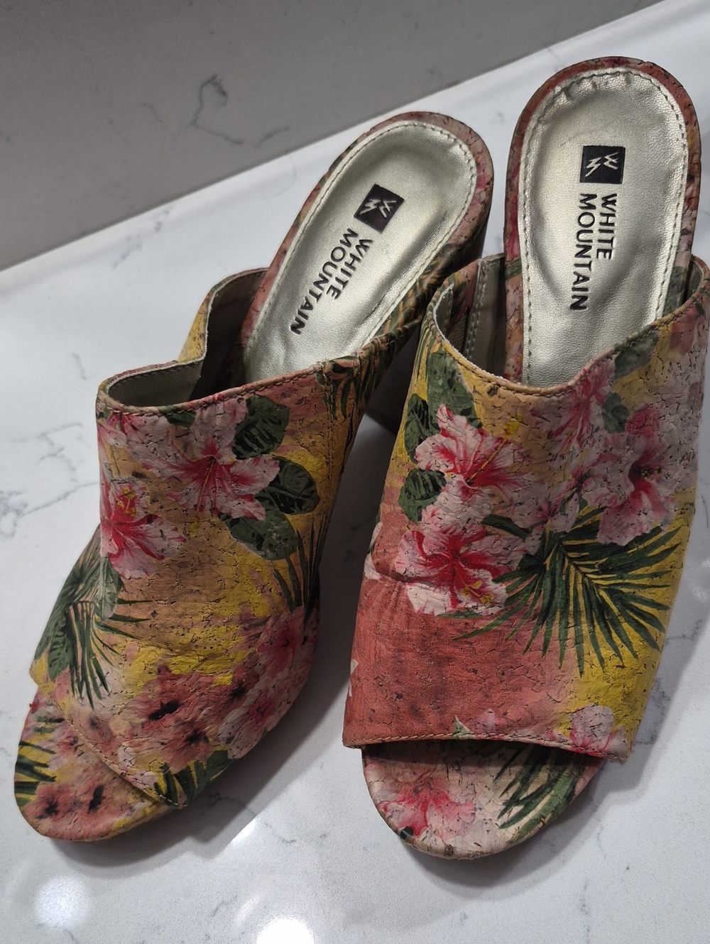 White Mountain Floral Open-Toe Mules in Pink, Yellow & Green